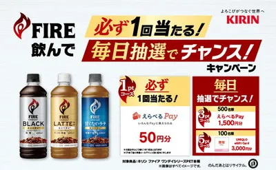 FIRE飲んで必ず、Pay1回当たる！毎日抽選でチャンス！