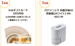 「商品券１０万円」「パナソニック 自動計量IH炊飯器(ホワイト)」
