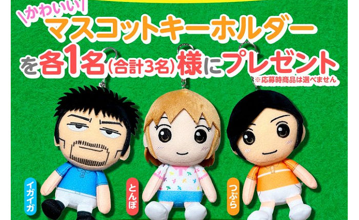 「とんぼ、イガイガ、つぶら」のかわいいマスコットキーホルダー