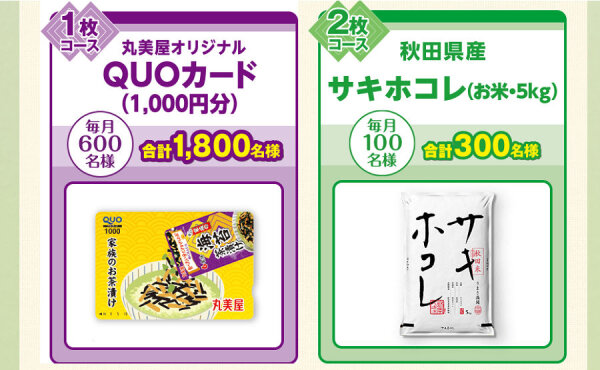 「丸美屋QUOカード1,000円」「秋田県産 サキホコレ（お米）」