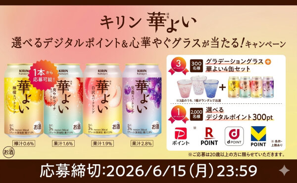 キリン華よいで応募で、「デジタルポイント」「グラデーショングラス」当たる！