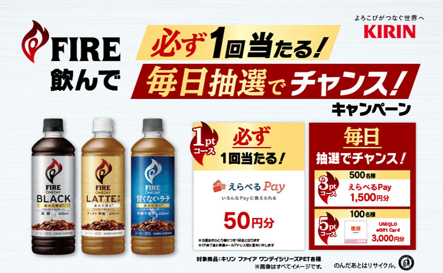 FIRE飲んで必ず、Pay1回当たる!毎日抽選でチャンス!