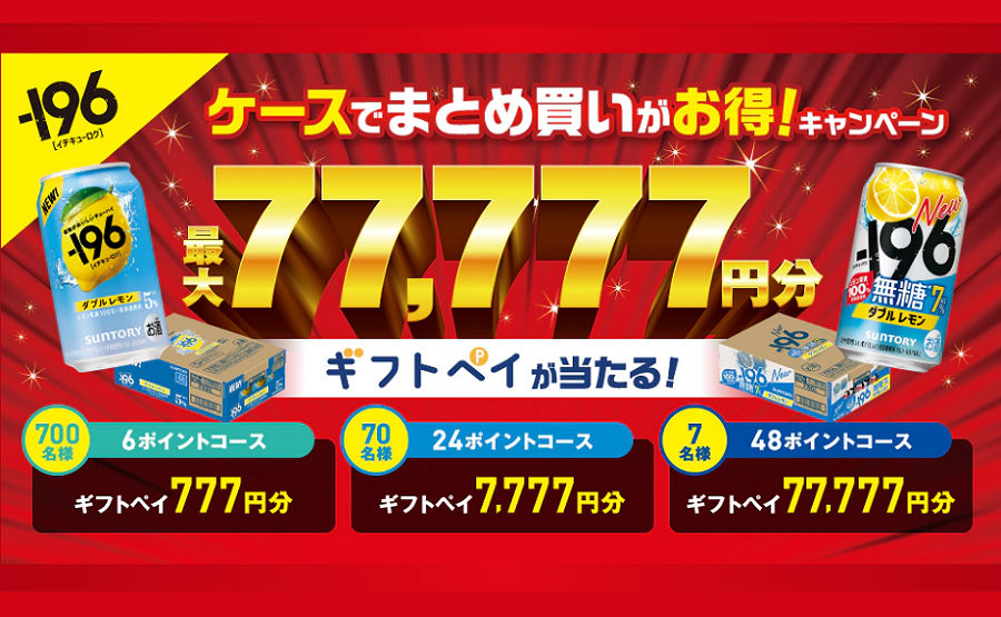 サントリー「-196」ケース買いキャンペーン!選べるギフトペイが最大77,777円分