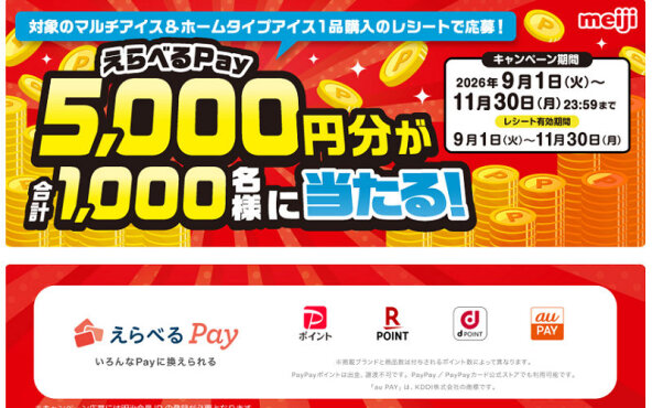 明治アイス1品から応募可能！「えらべるPay 5,000円」1,000名様！